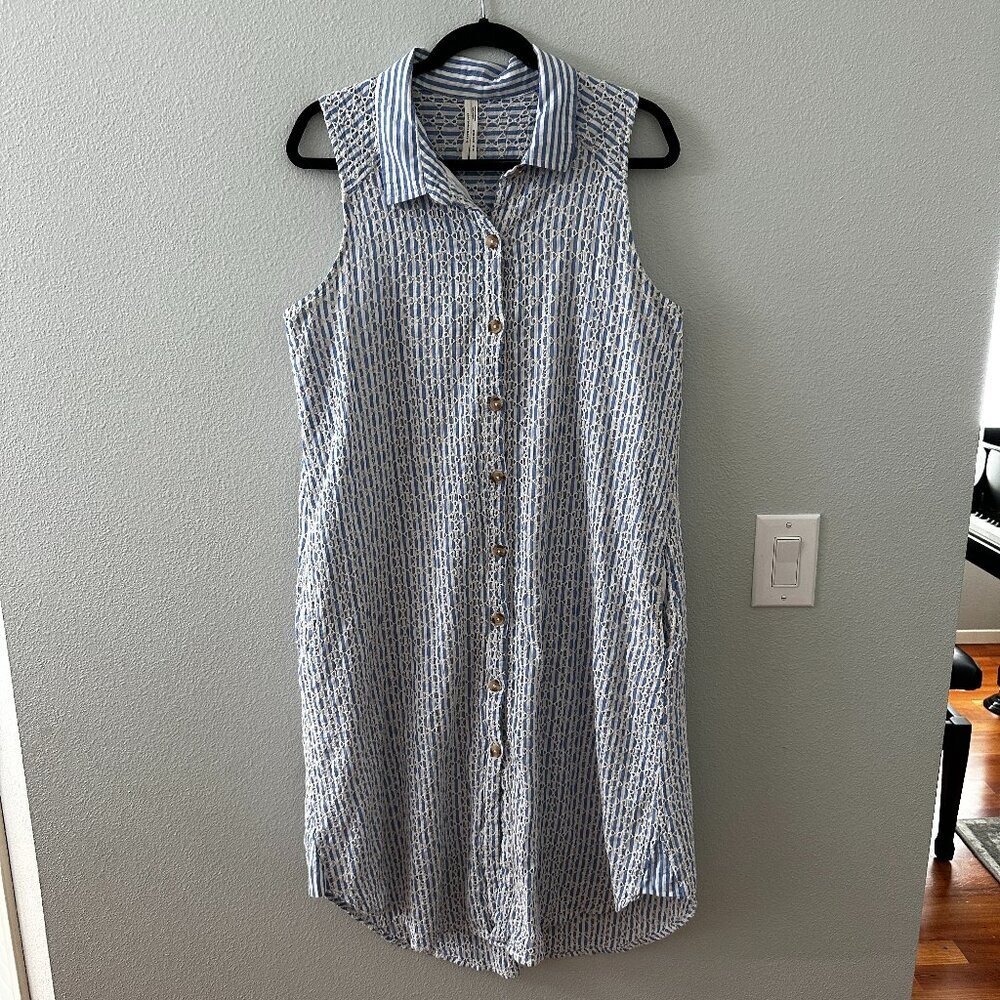 Anthropologie Kismet Shirt Dress size 14 Blue Eyelet Embroidered Coastal Resort